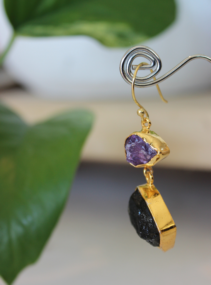Amethyst/Obsidian Earrings Gold Plated