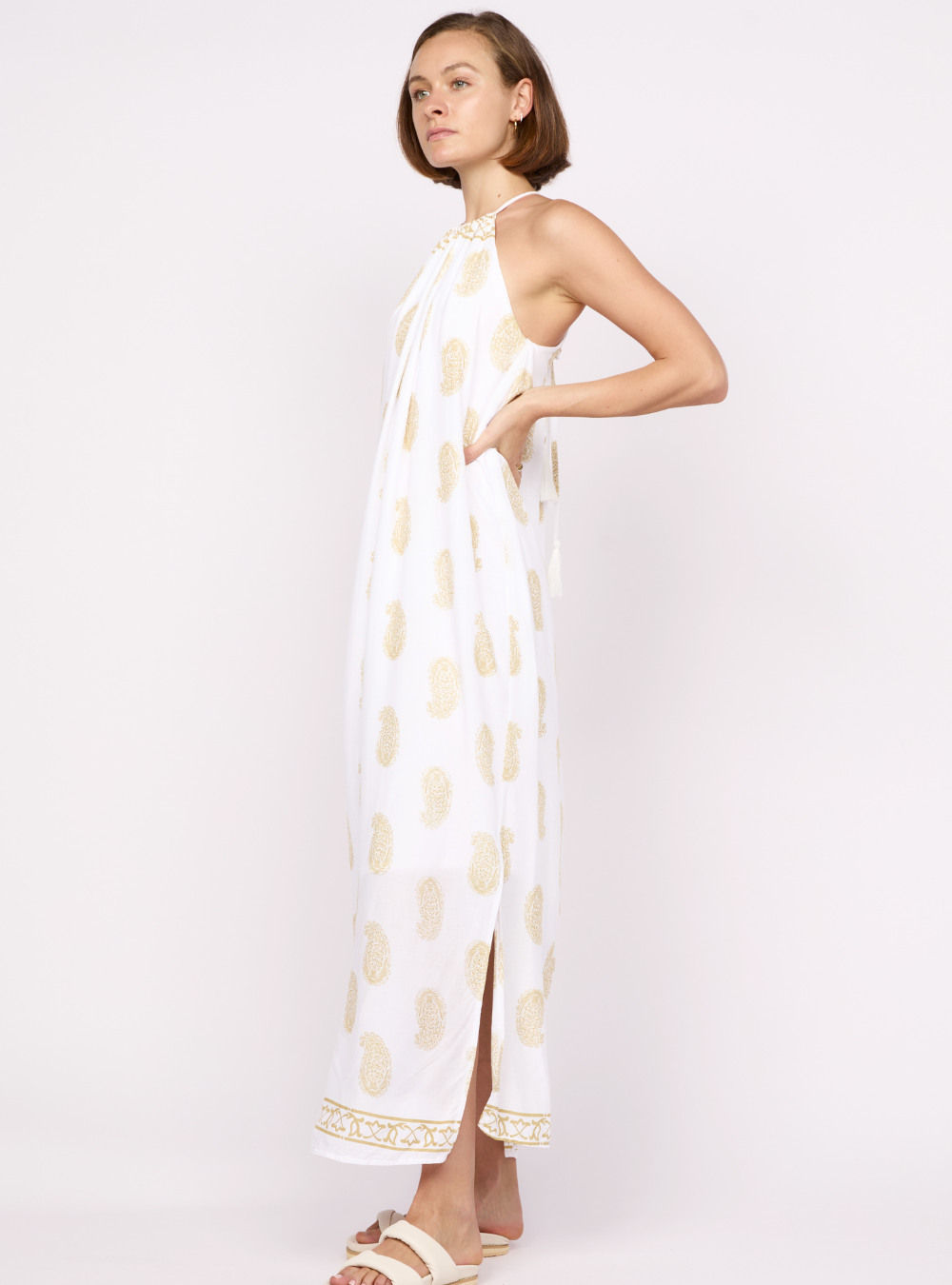 Oracle Tie Neck Dress - Gold/White