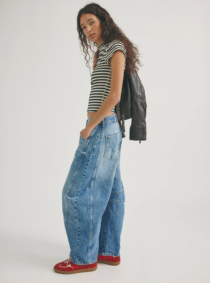 Free People Good Luck Mid Rise Barrel Jeans - Ultra Light Beam