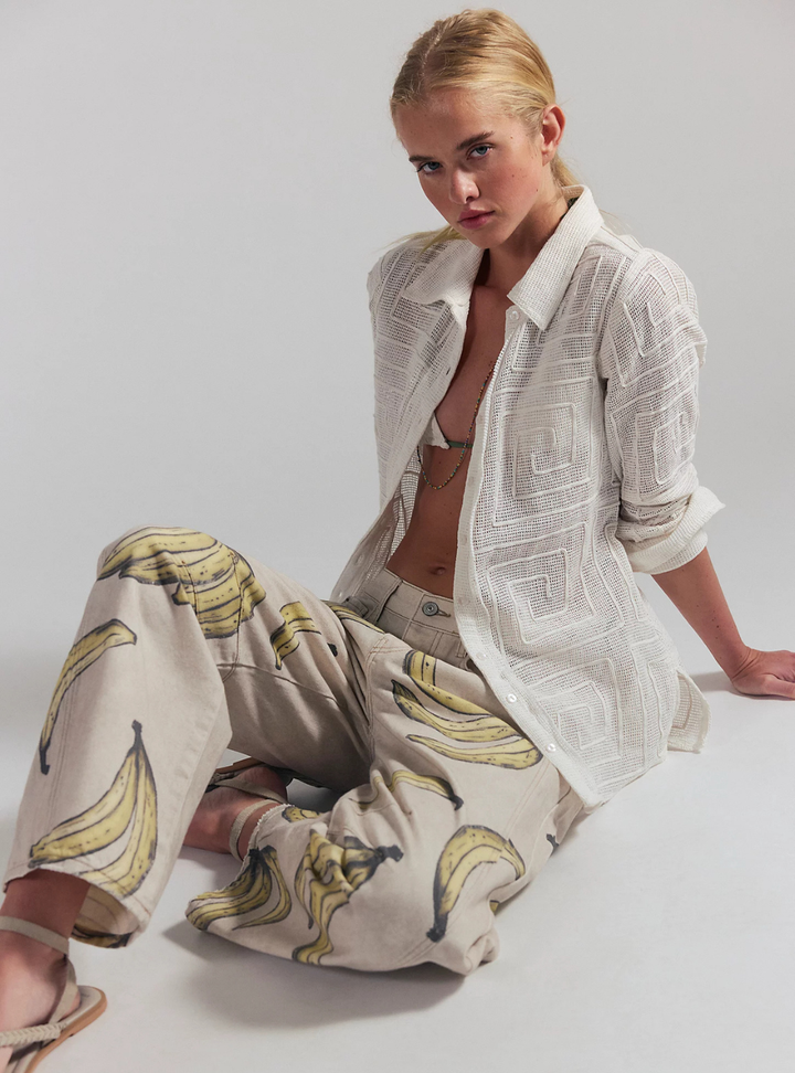 Good Luck Printed Barrel Jeans - Go Bananas