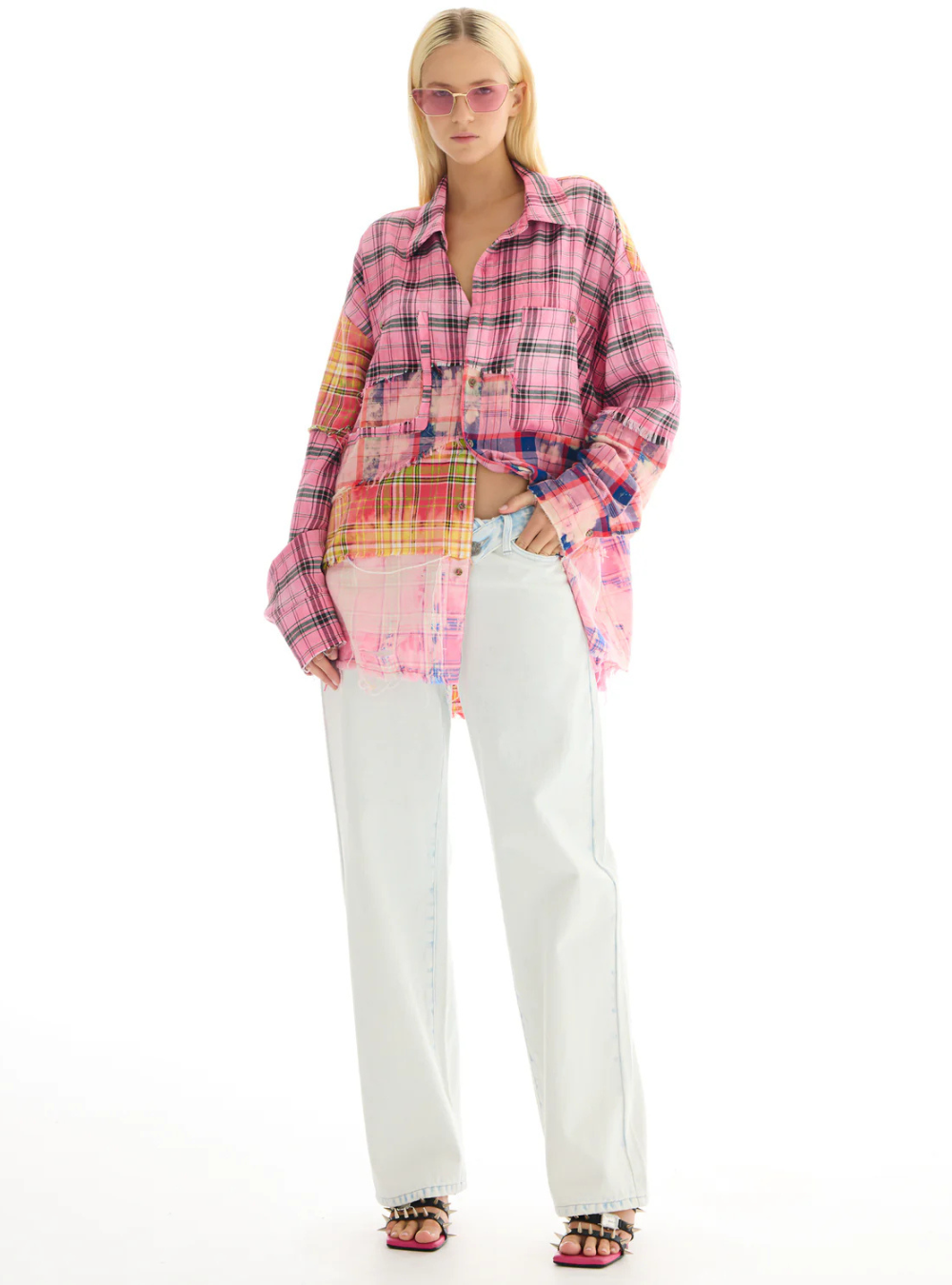 Half And Half Reworked Flannel Shirt - Pink