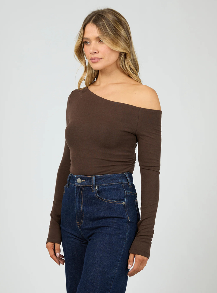 Kylie Off Shoulder Long Sleeve Top - Brown