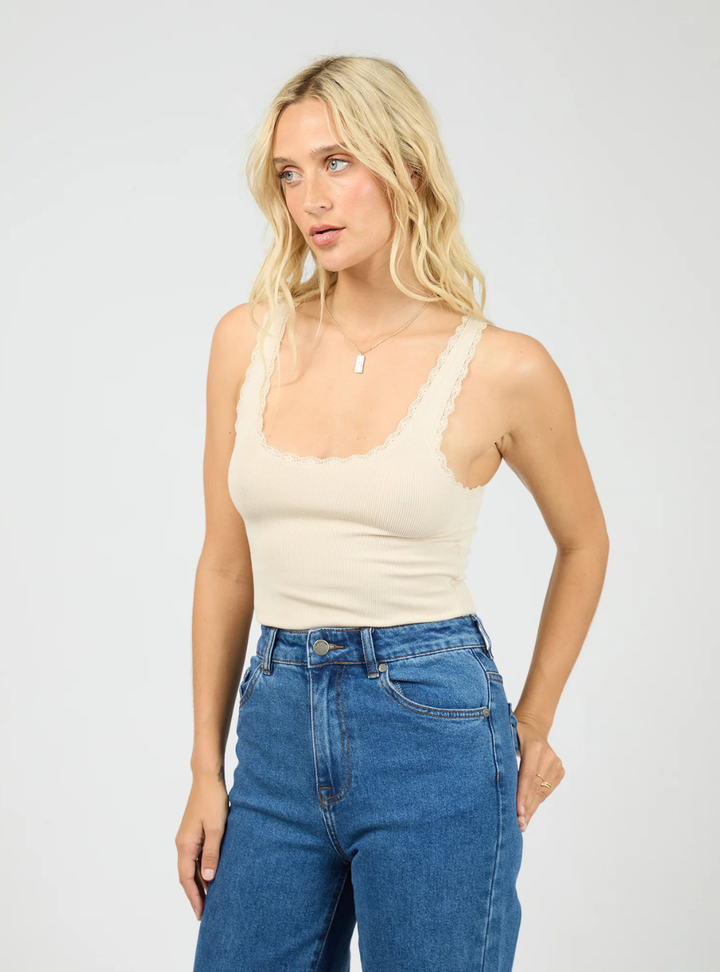 Washed Rib Lace Tank - Vanilla