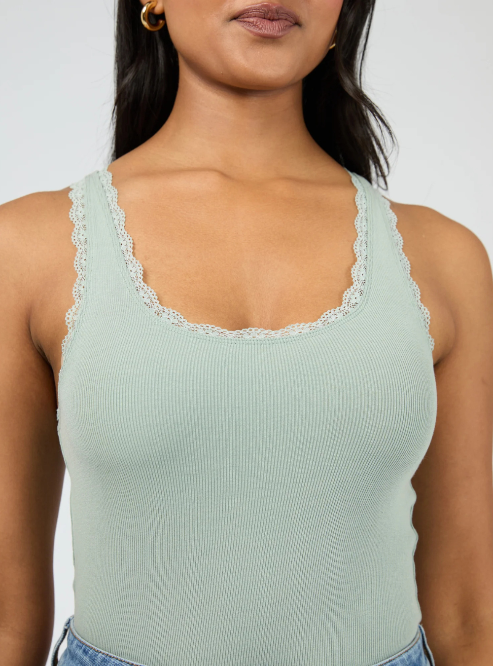 Washed Rib Lace Tank - Sage
