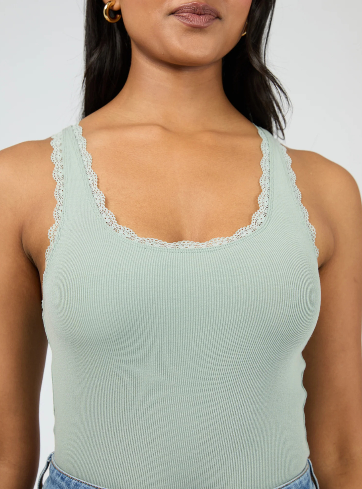 Washed Rib Lace Tank - Sage