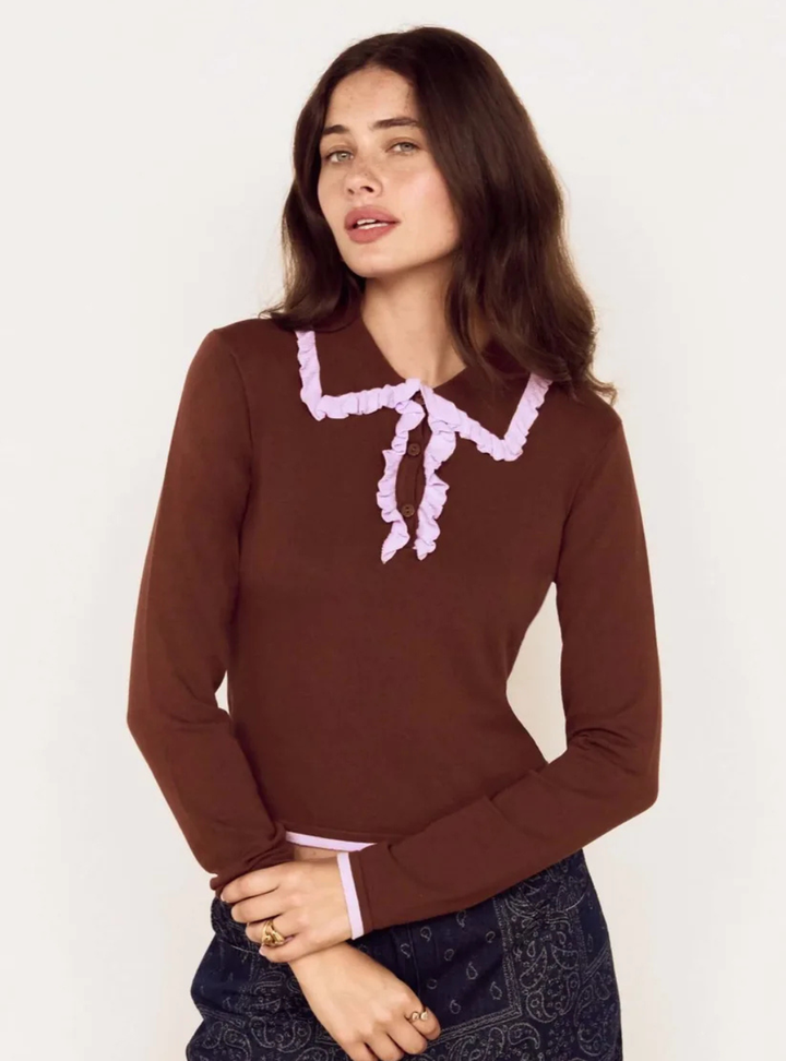 Rhea Ruffle Polo Knit Top - Chocolate/Lilac