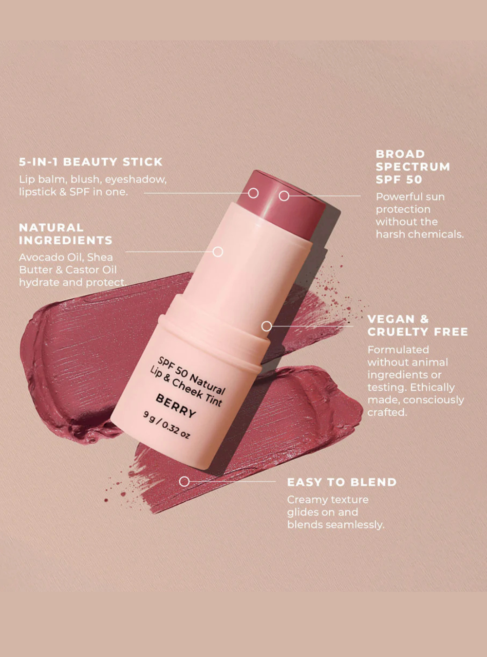 SPF 50 Natural Lip & Cheek Tint - Berry