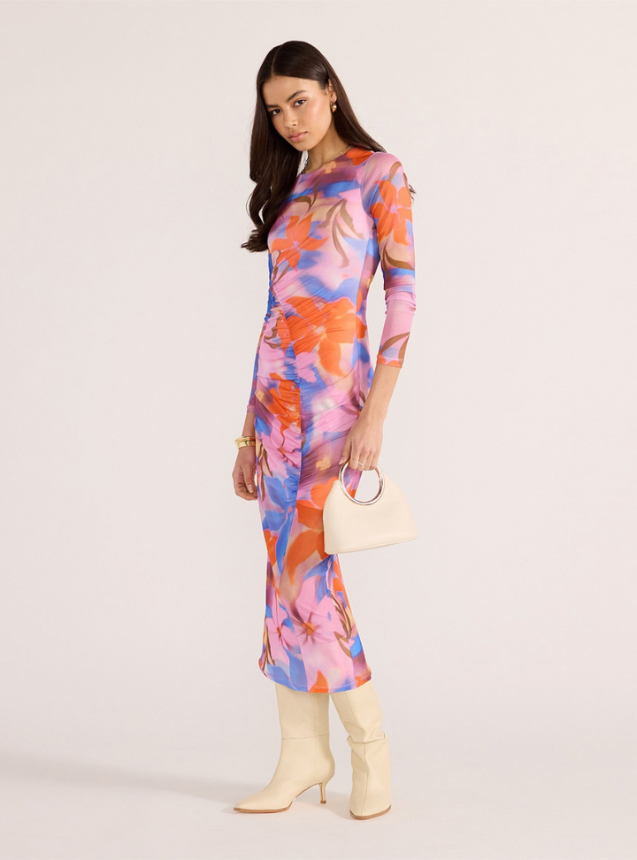 Sommer Ruched Mesh Midi Dress - Blurred Floral