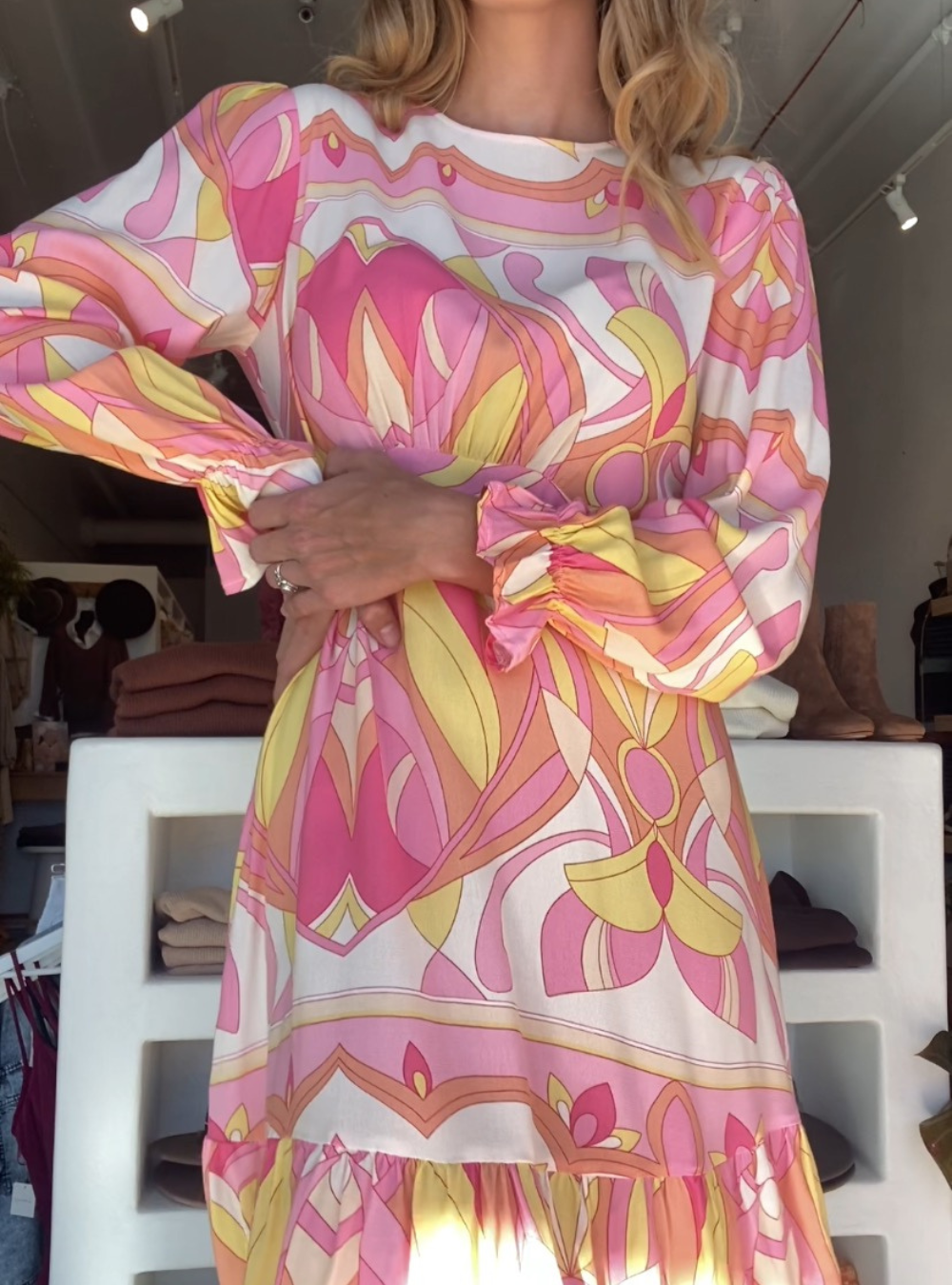 Vivienne Frill Hem Mini Dress - Pink Geo