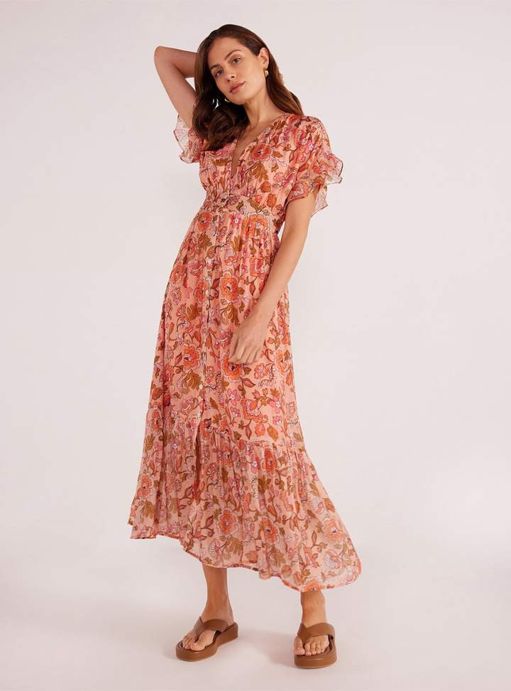 Amelia Button Down Midi Dress - Peach Floral