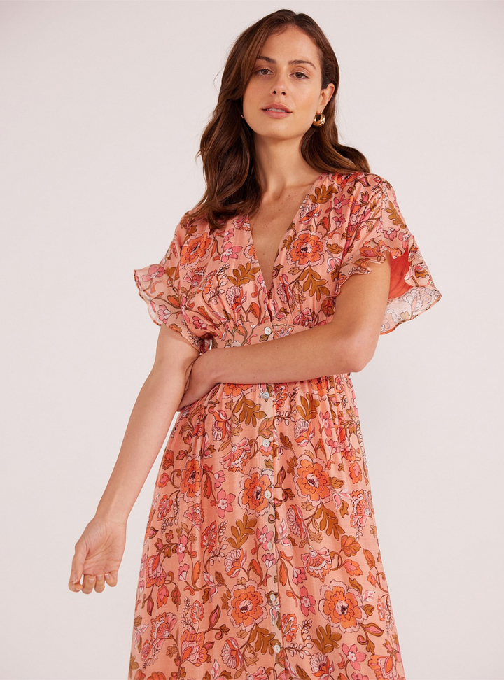 Amelia Button Down Midi Dress - Peach Floral