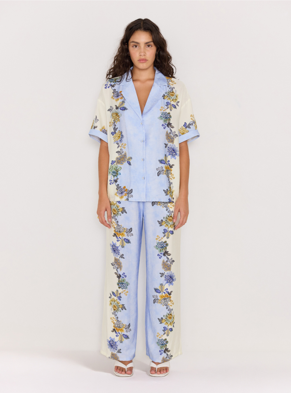 Lucia Resort Shirt - Blue & Cream Floral
