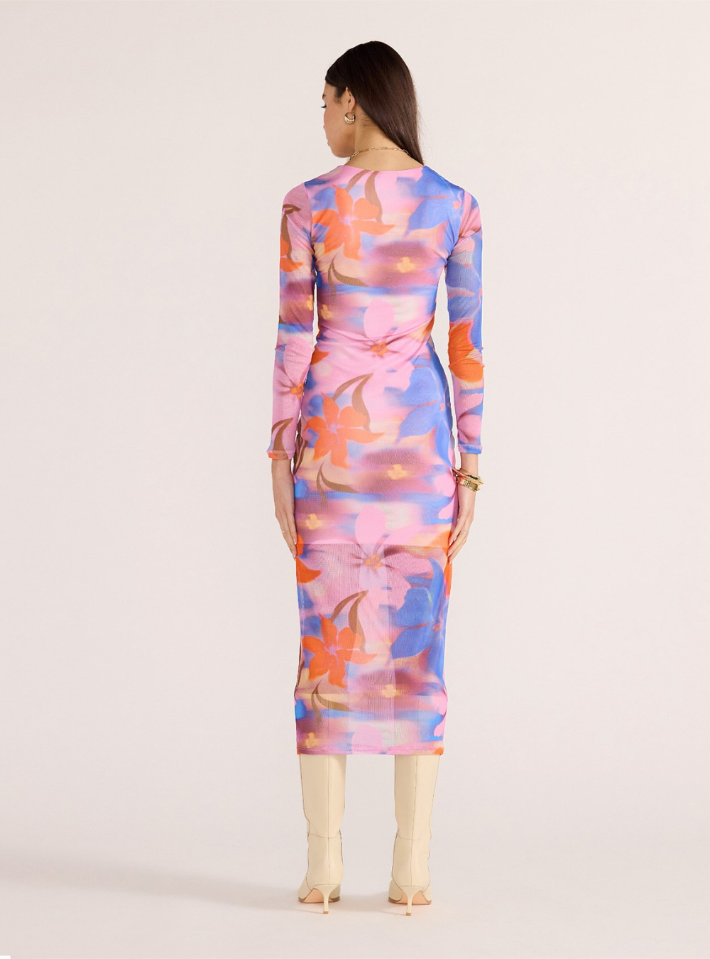 Sommer Ruched Mesh Midi Dress - Blurred Floral