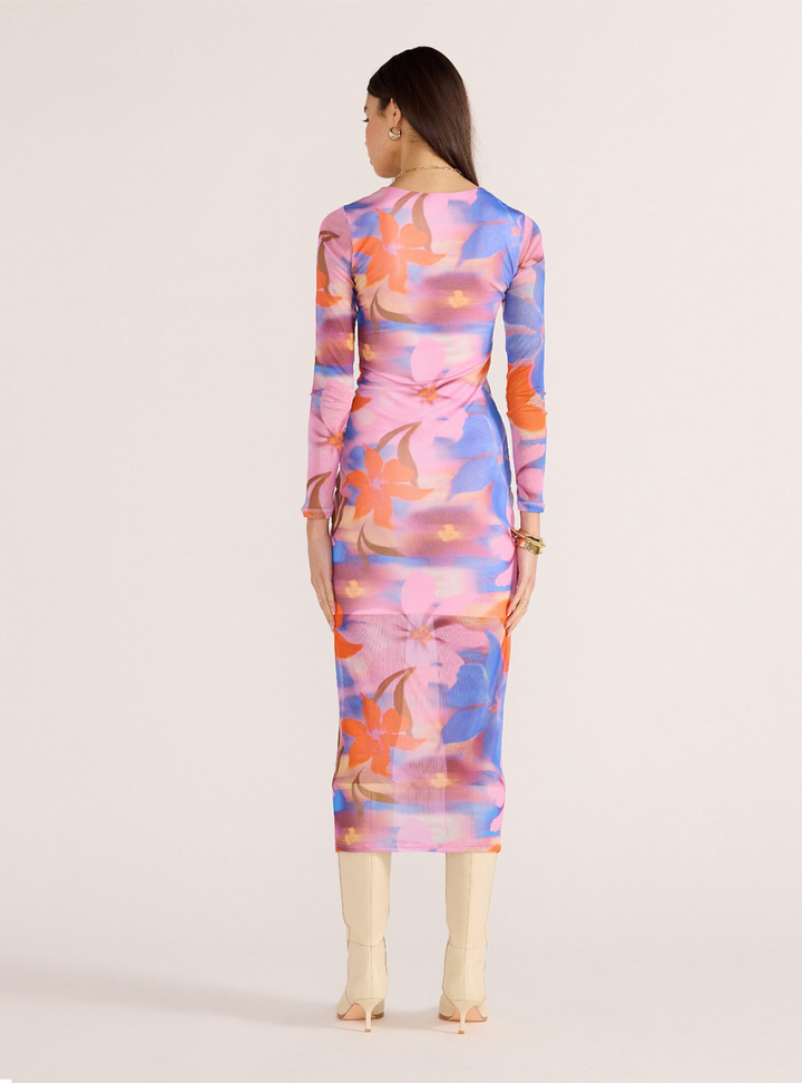 Sommer Ruched Mesh Midi Dress - Blurred Floral