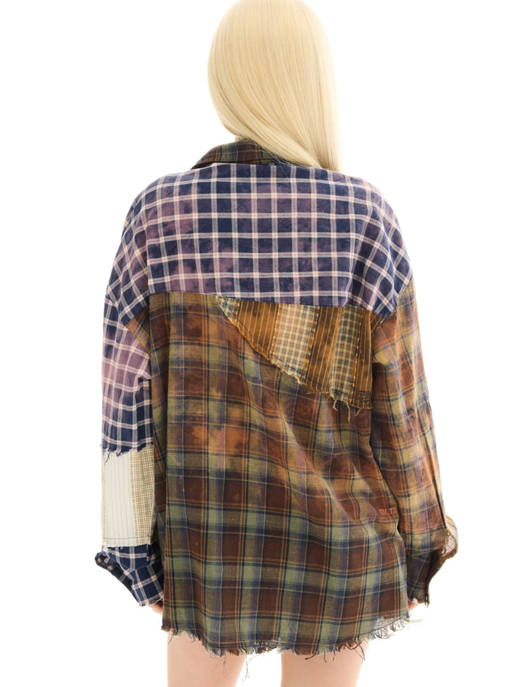 Reworked and Destroyed Mixed Check Shirt - Brown