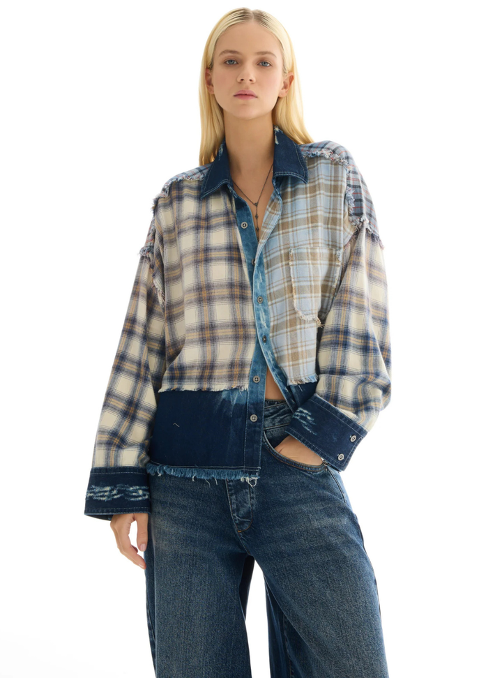 Mixed Flannel Denim Shirt - Blue