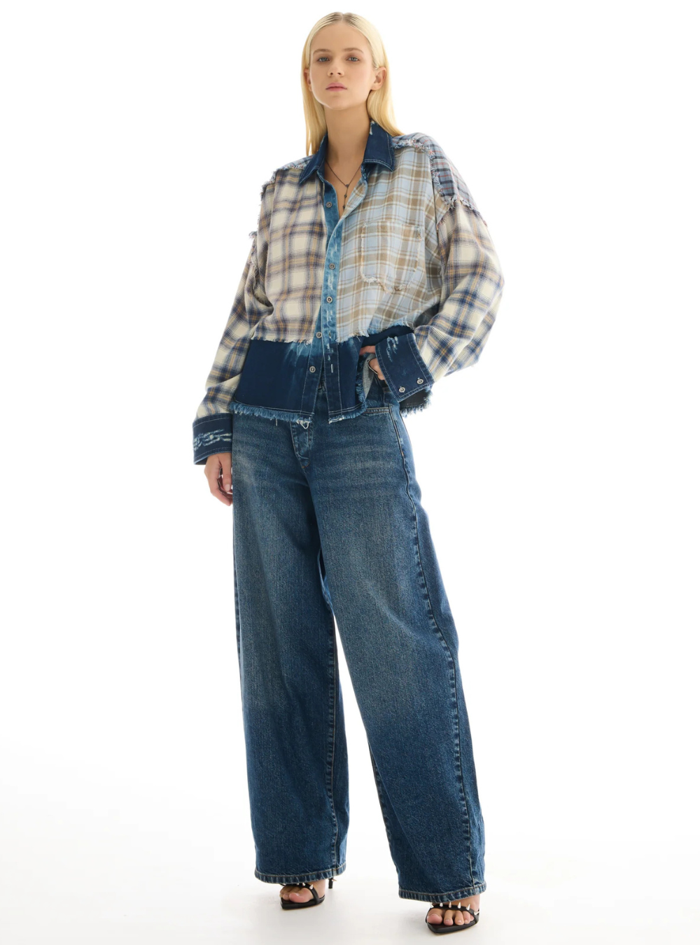 Mixed Flannel Denim Shirt - Blue