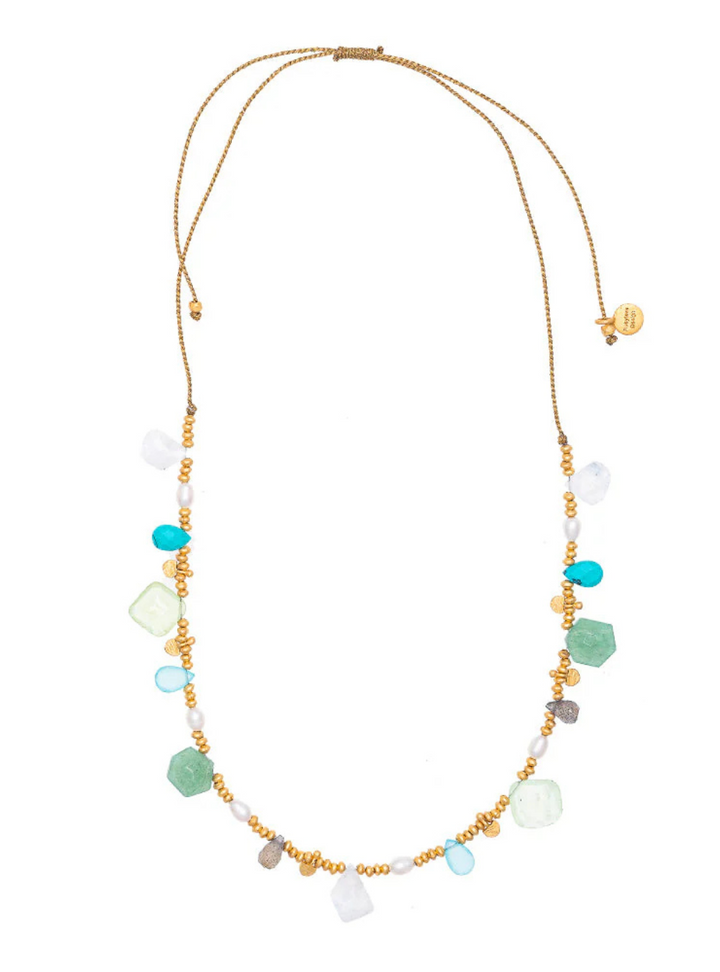 Moonstone, Aventurine, Turquoise & Pearl gold charm string necklace