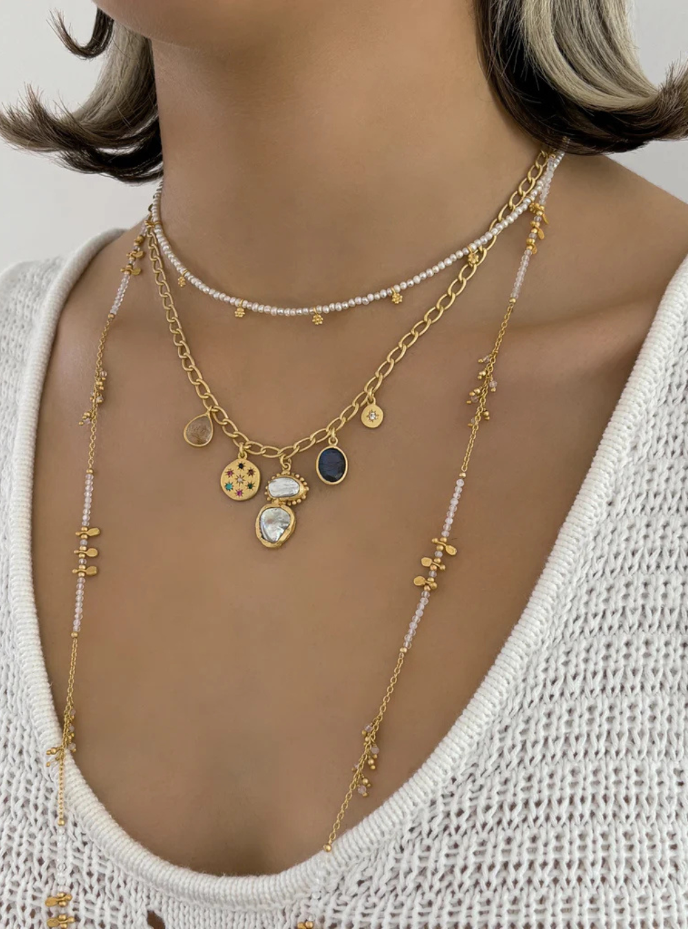 Long Moonstone gold charm necklace