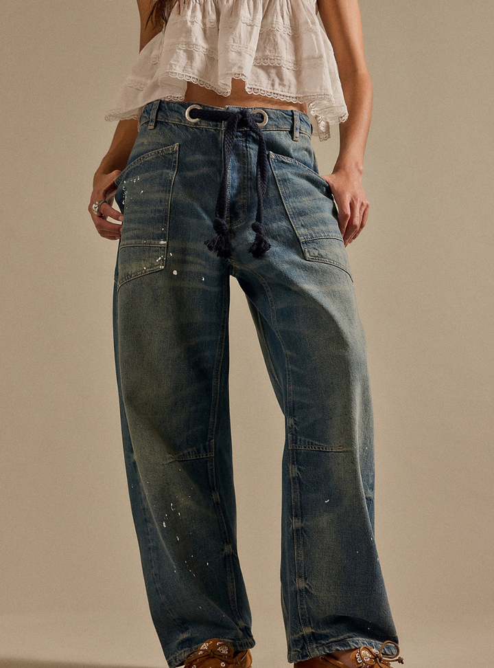 Free People Moxie Pull-On Barrel Jeans - Timeless Blue