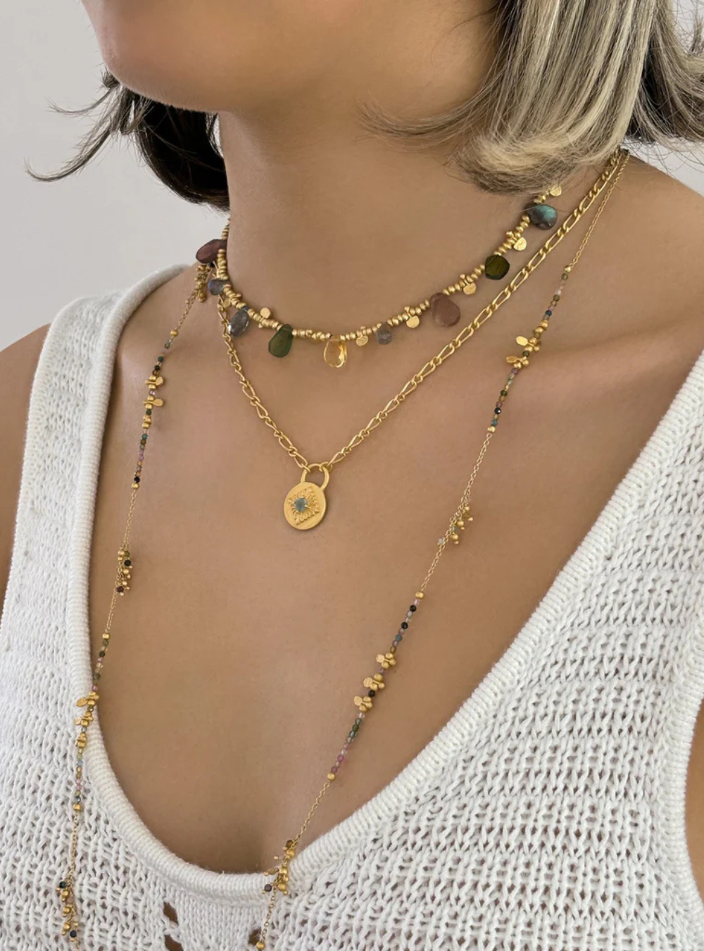 Long Multi Tourmaline gold charm necklace