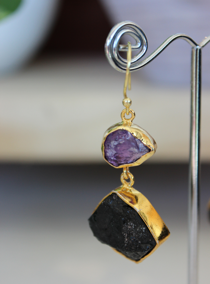 Amethyst/Obsidian Earrings Gold Plated