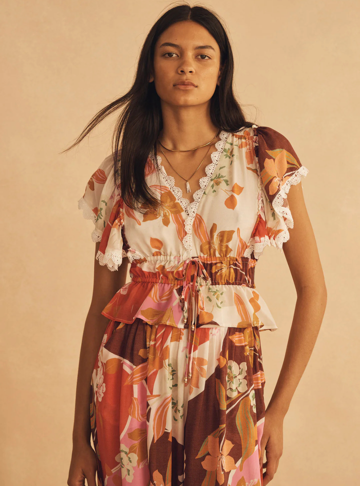 Lucca Silk Ruffle Sleeve Drawstring Top