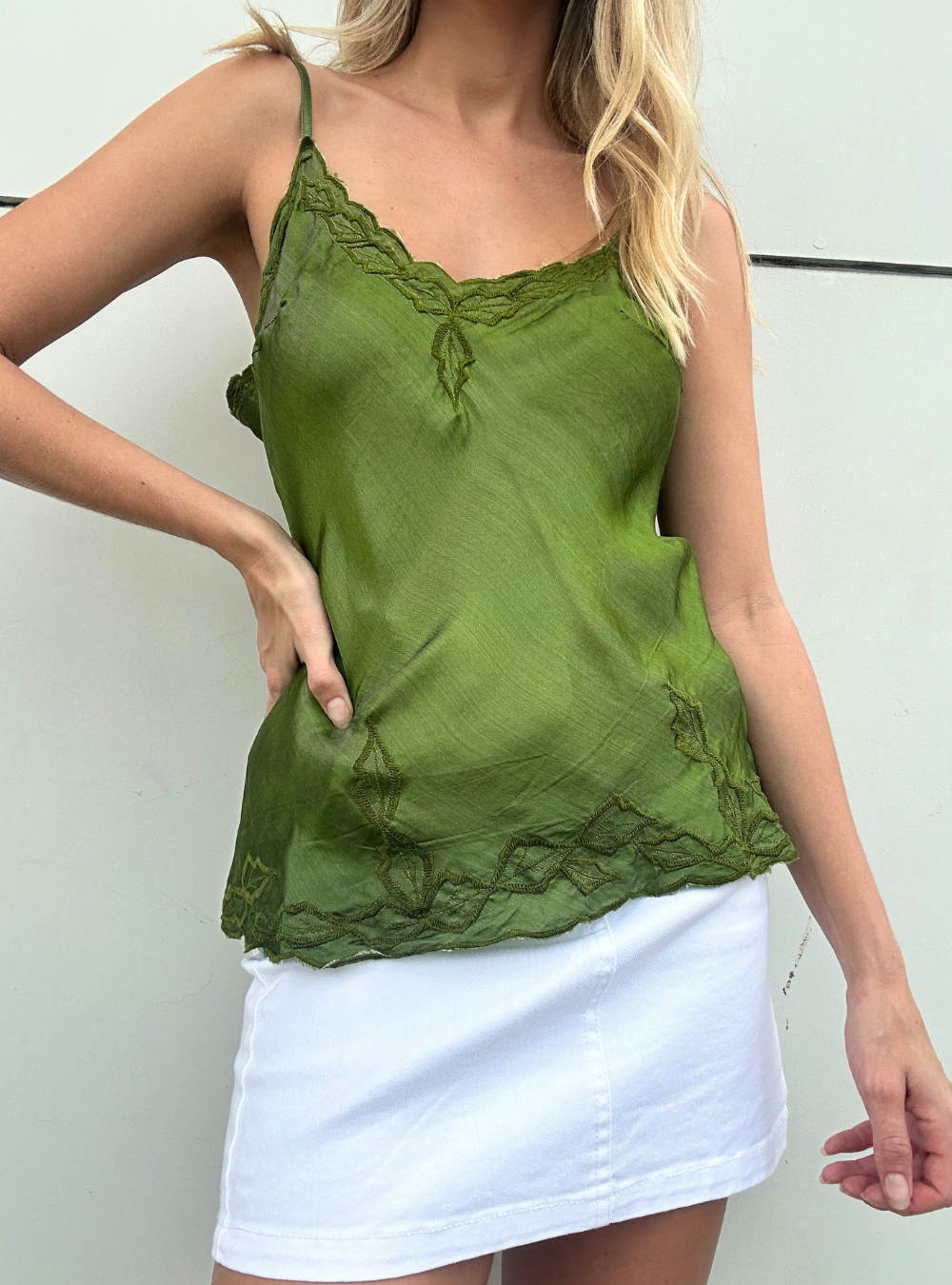 Marilyn Silk Cami Embroidered - Olive