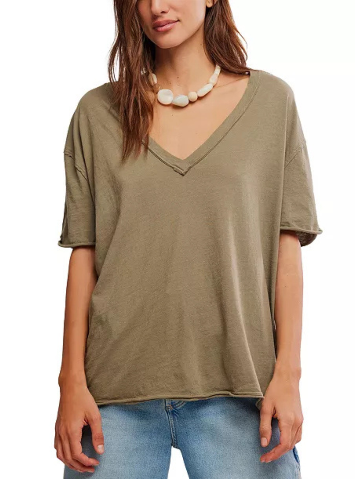 Nina V-Neck Tee - Olive Stone