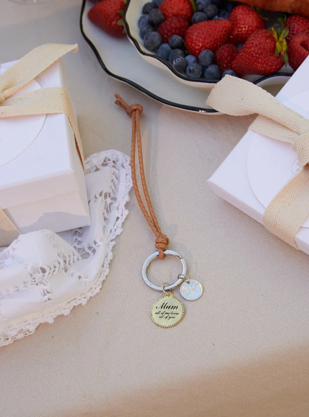 Natural Leather Plaited Leather Keyring