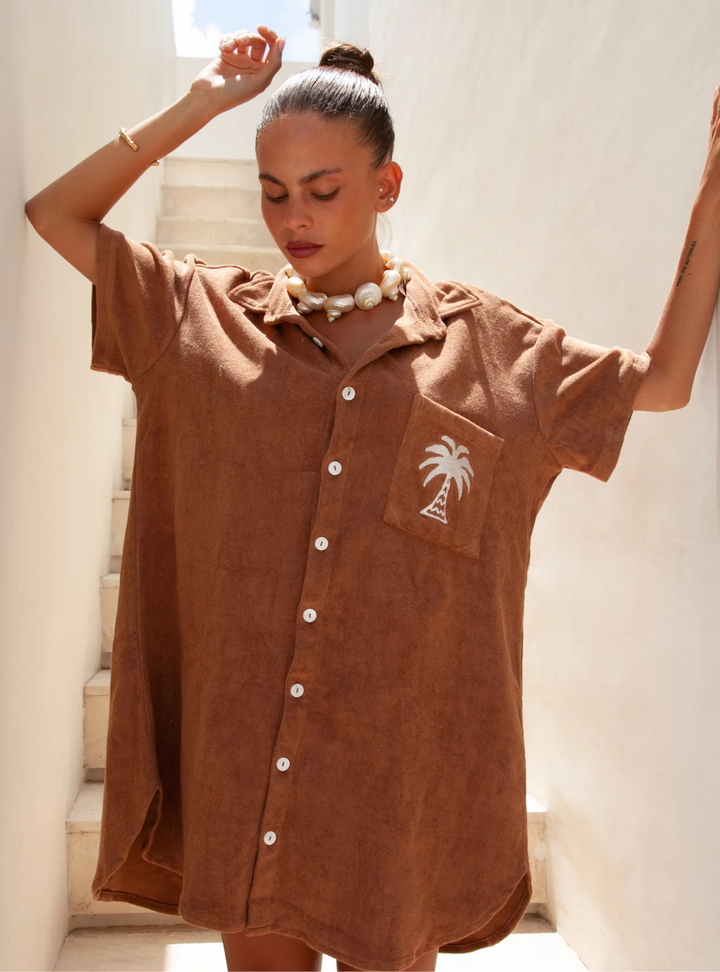 Terry Shirt Dress - Brown