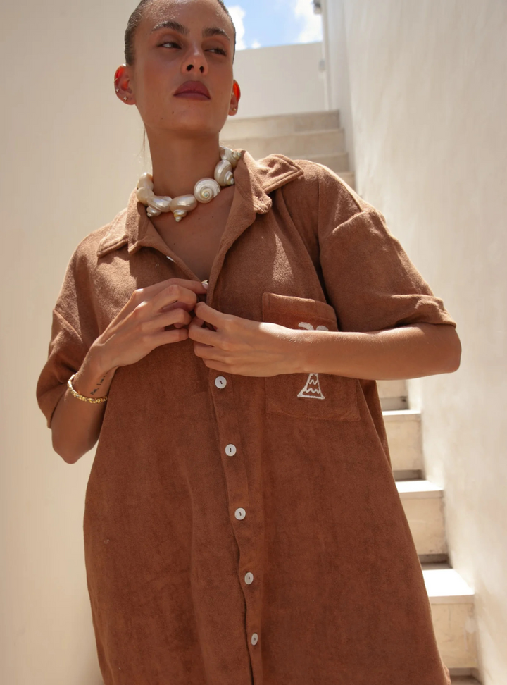 Terry Shirt Dress - Brown