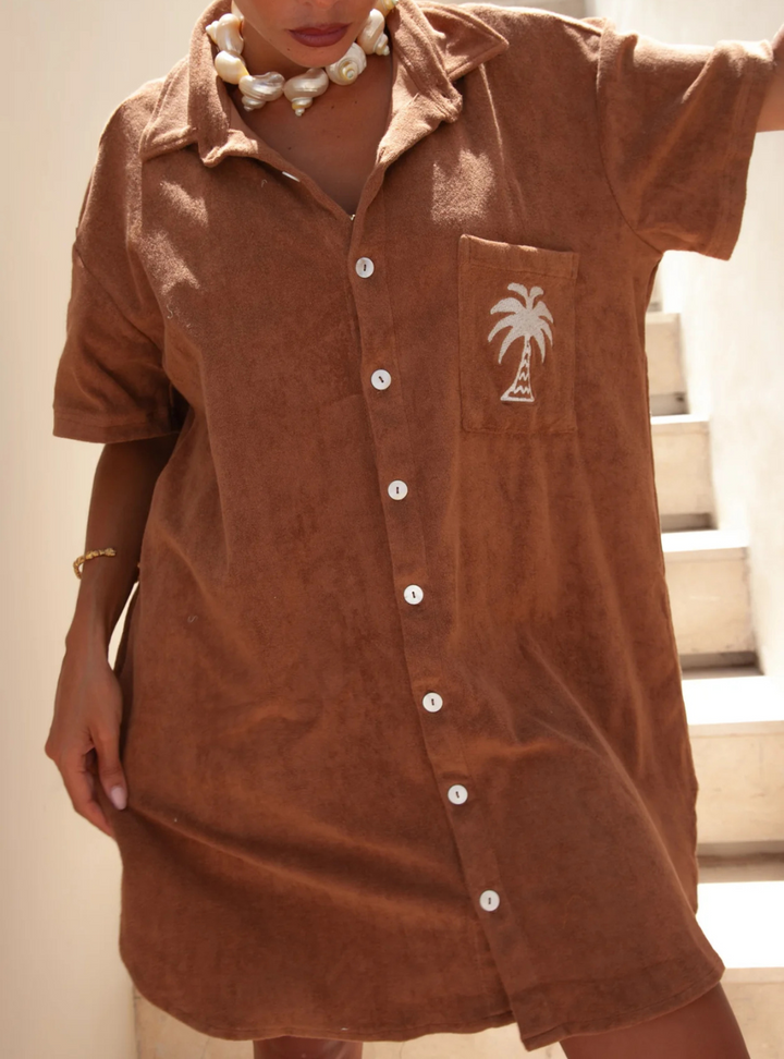 Terry Shirt Dress - Brown