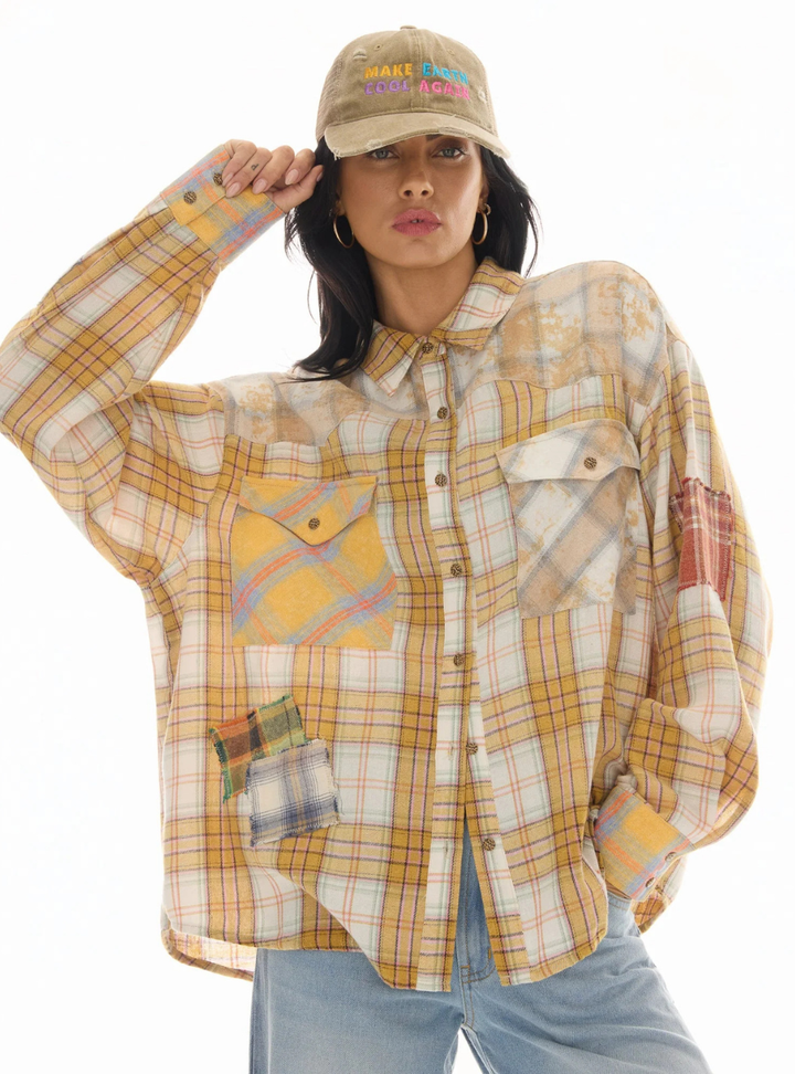 Patched Up Yellow Flannel Western Shirt - Yellow