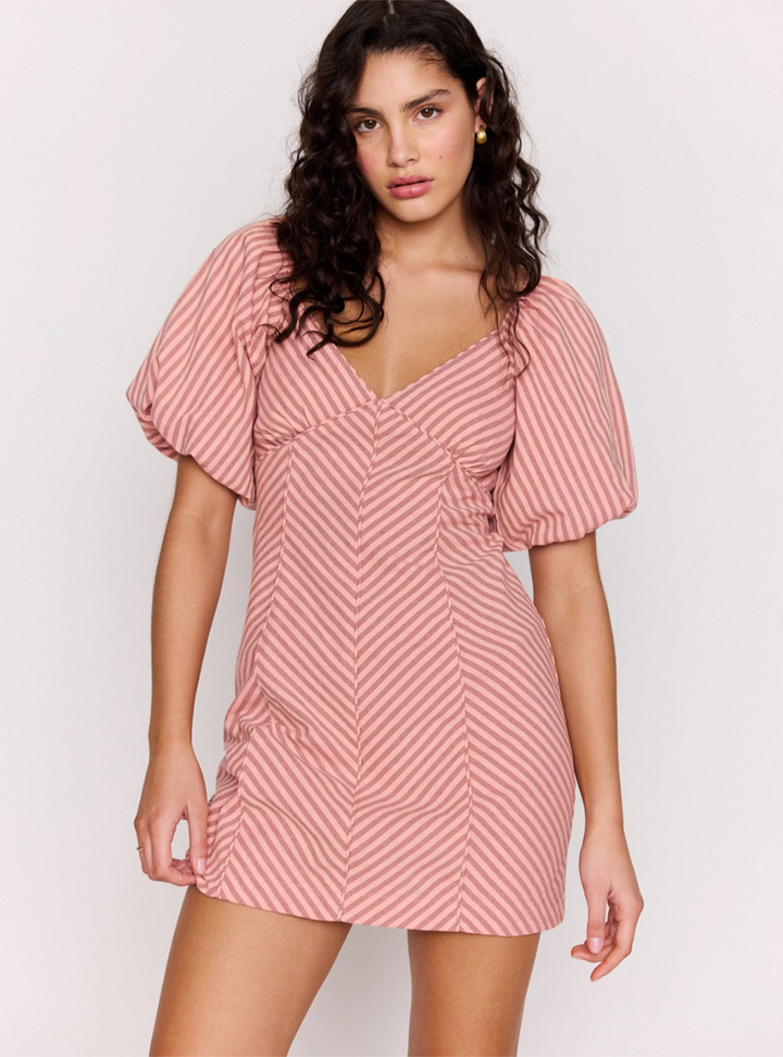 Paloma Puff Sleeve Mini Dress - Pink Stripe