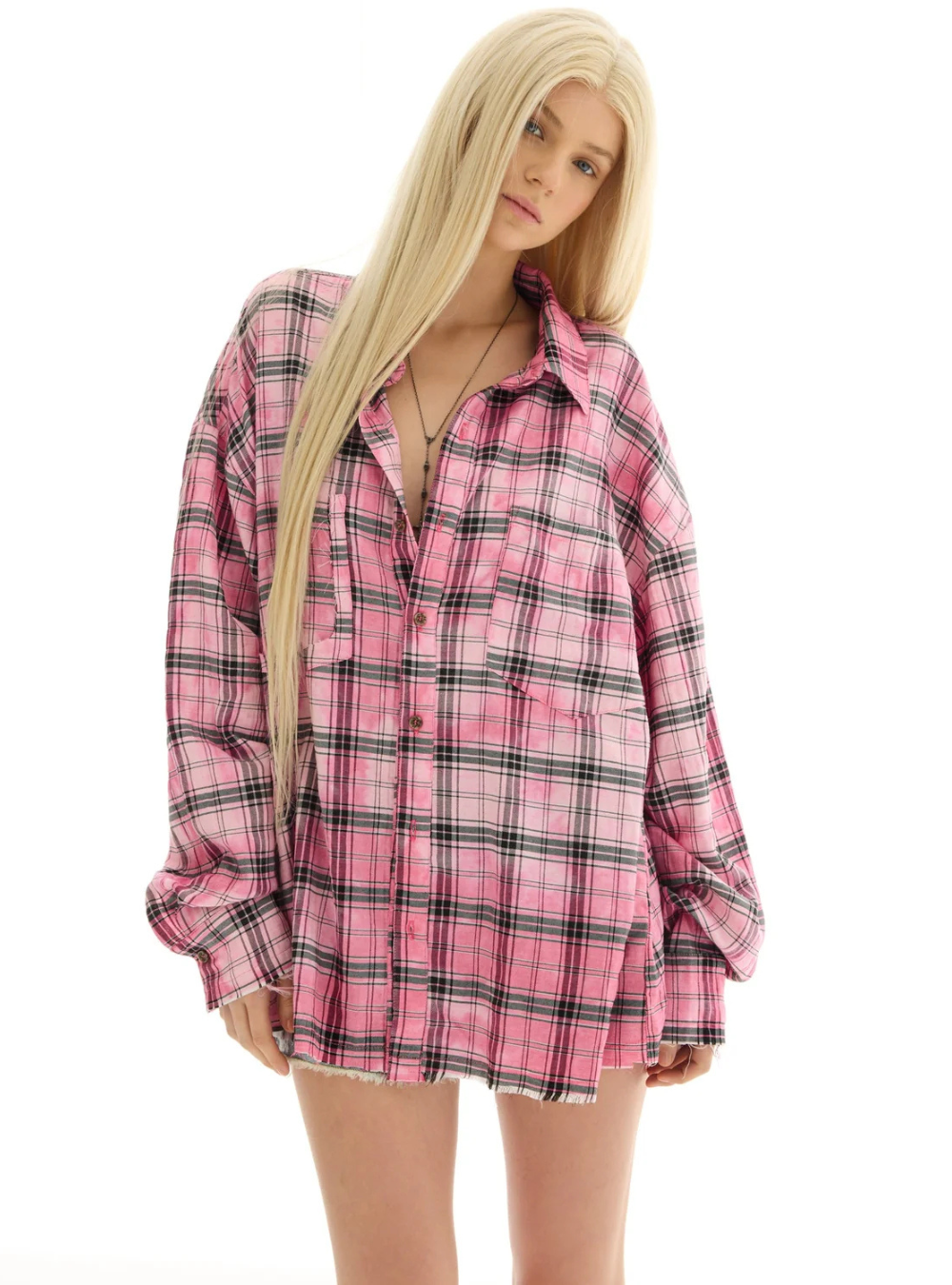 Washed Oversized Willow Check Shirt - Pink
