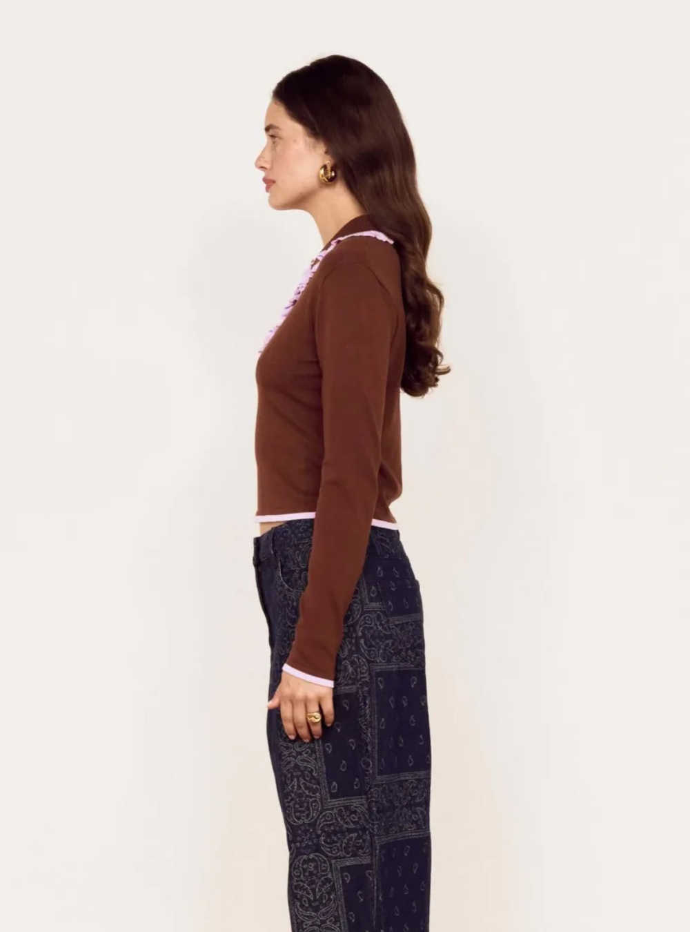 Rhea Ruffle Polo Knit Top - Chocolate/Lilac