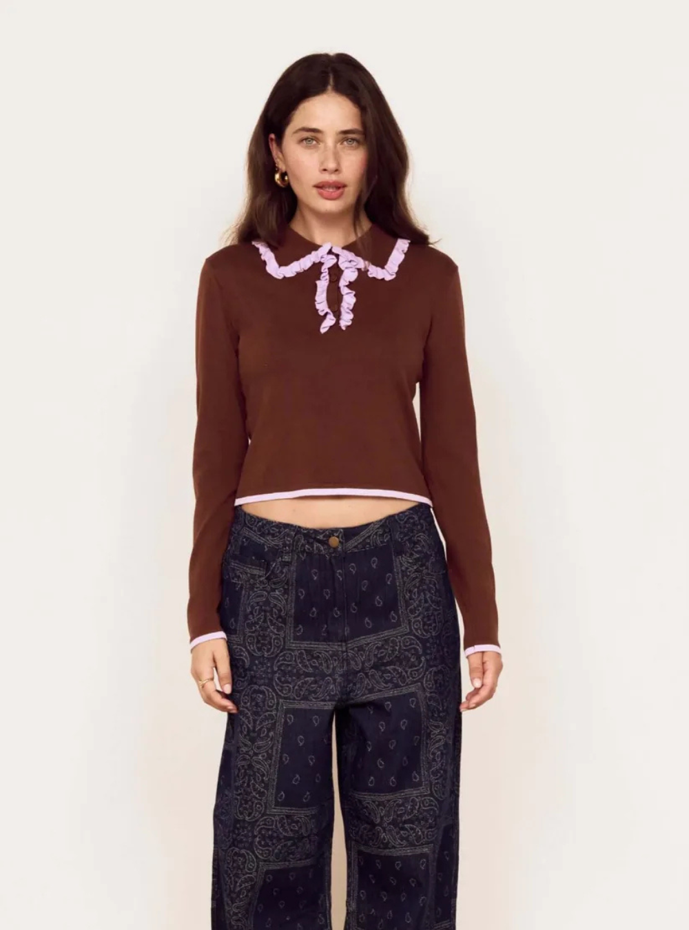 Rhea Ruffle Polo Knit Top - Chocolate/Lilac