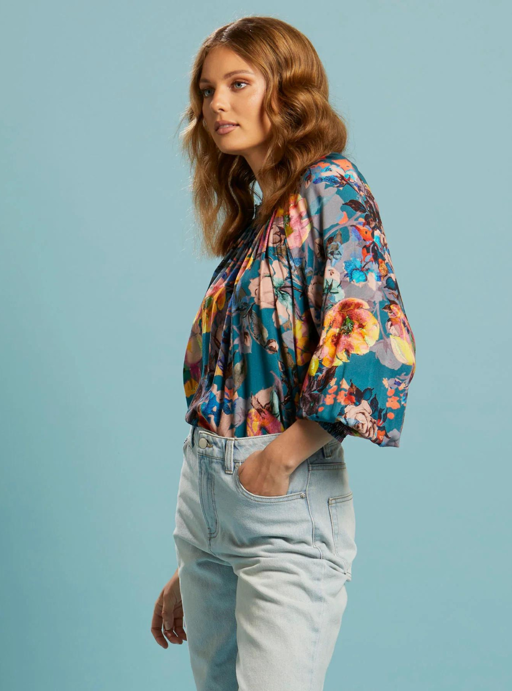 Pure Shores Shirred Sleeve Top - Teal Bouquet