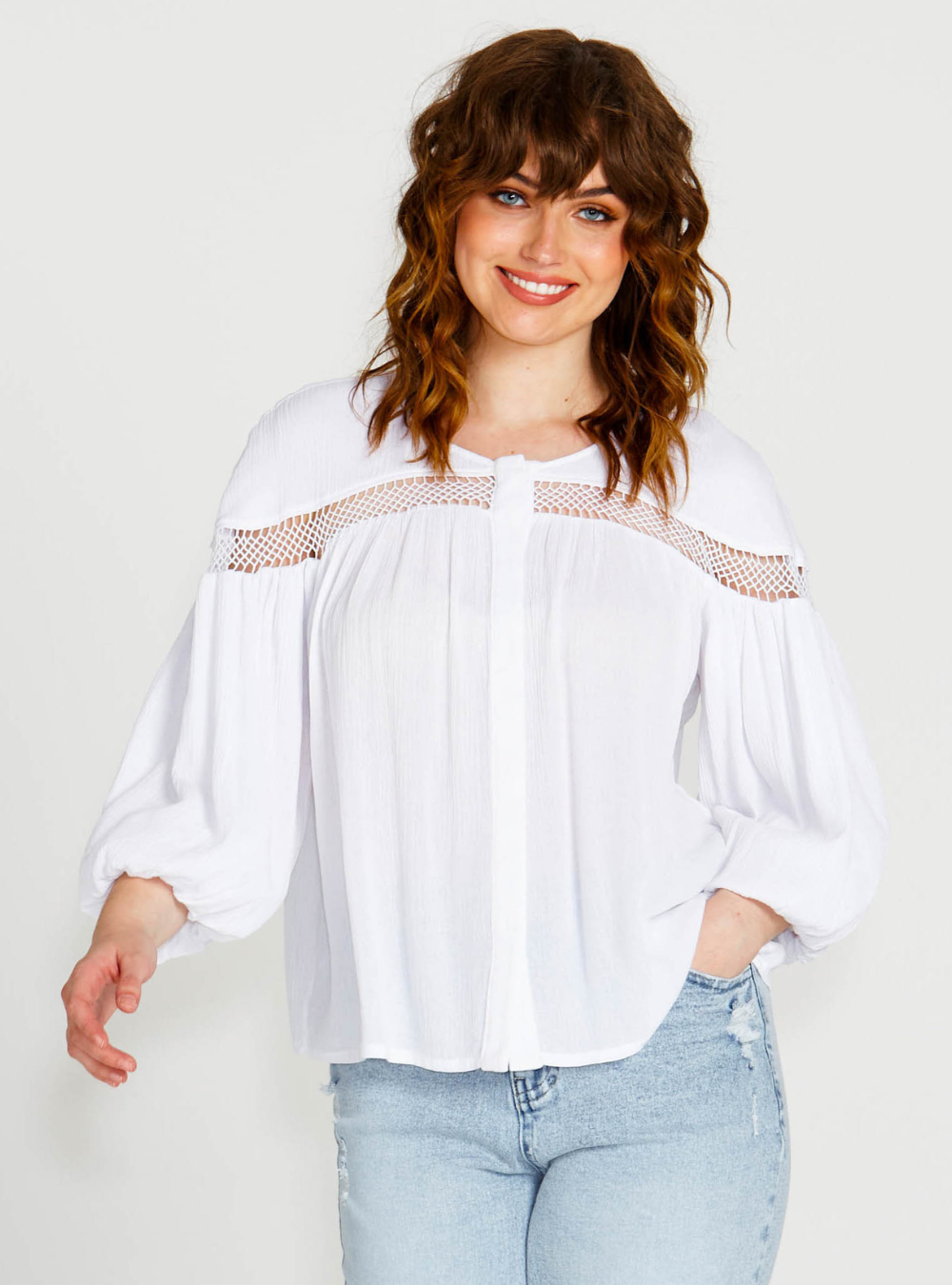 Rava Boho 3/4 Sleeve Top - White