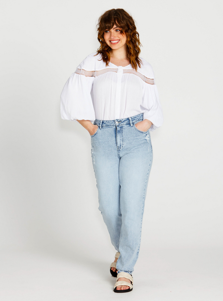 Rava Boho 3/4 Sleeve Top - White