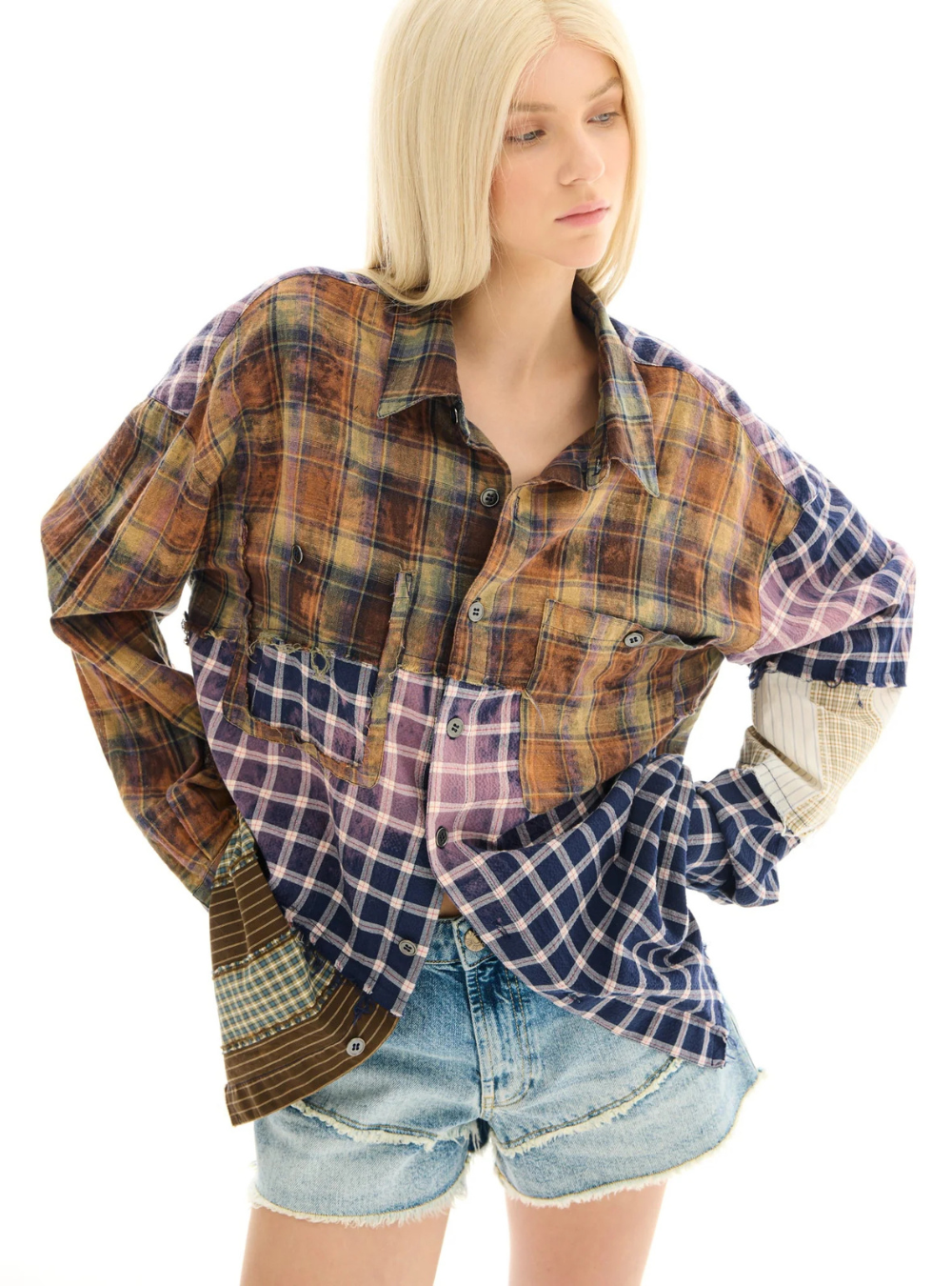 Reworked and Destroyed Mixed Check Shirt - Brown