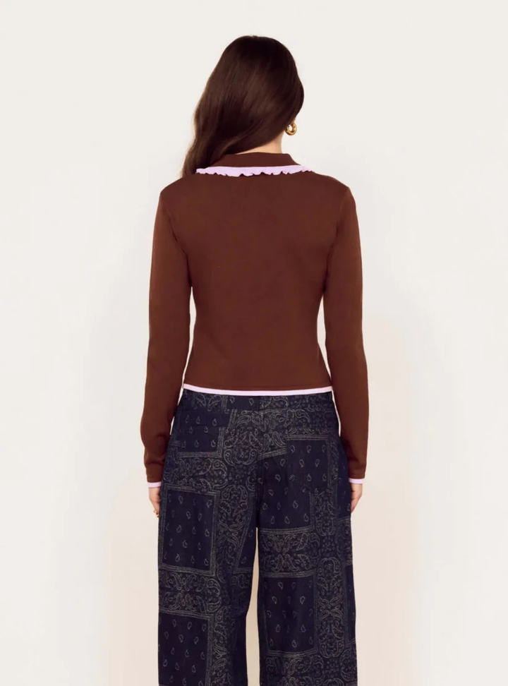 Rhea Ruffle Polo Knit Top - Chocolate/Lilac