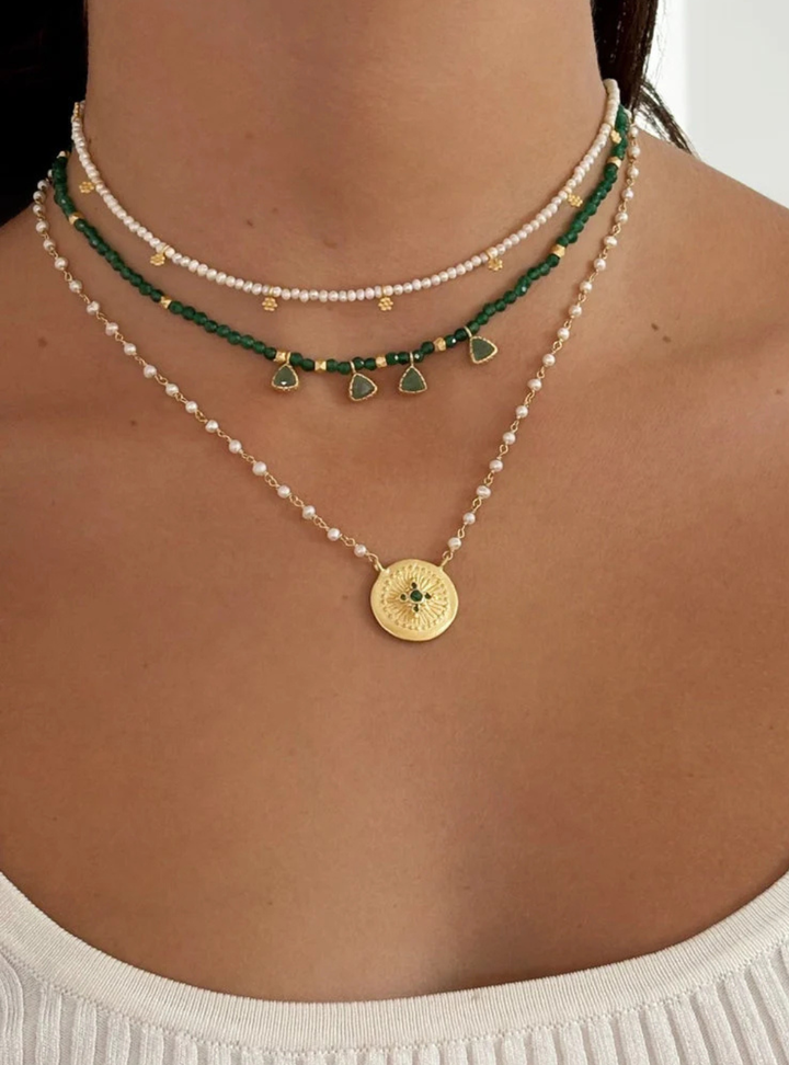 Haveli Green Zircon pendant with Pearl link chain