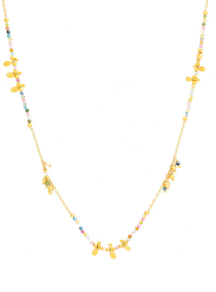 Long Multi Tourmaline gold charm necklace