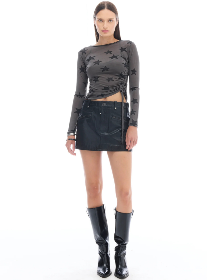 Black Star Mesh Ruched Longsleeve Top - Charcoal