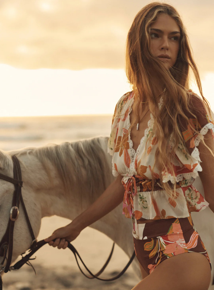 Lucca Silk Ruffle Sleeve Drawstring Top