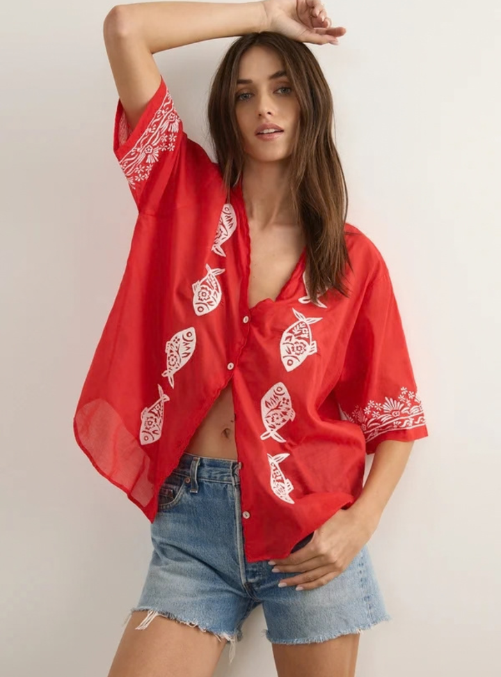 Sardine Embroidered Blouse - Red