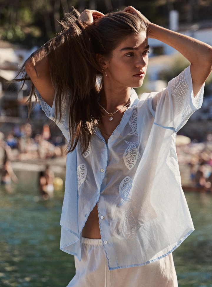 Sardine Embroidered Blouse - Sky Blue