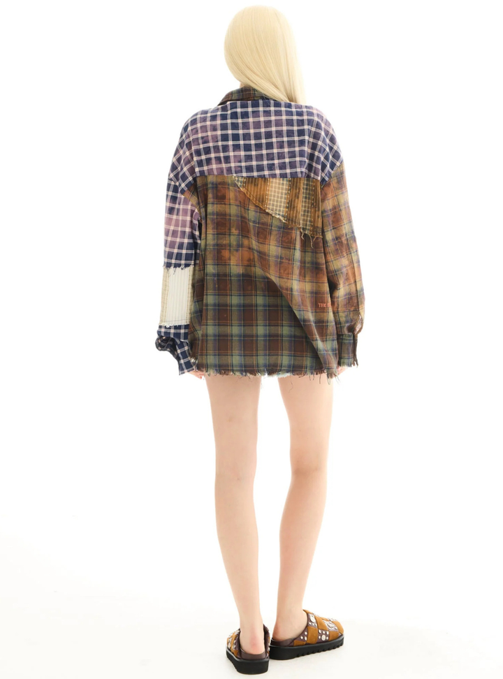 Reworked and Destroyed Mixed Check Shirt - Brown